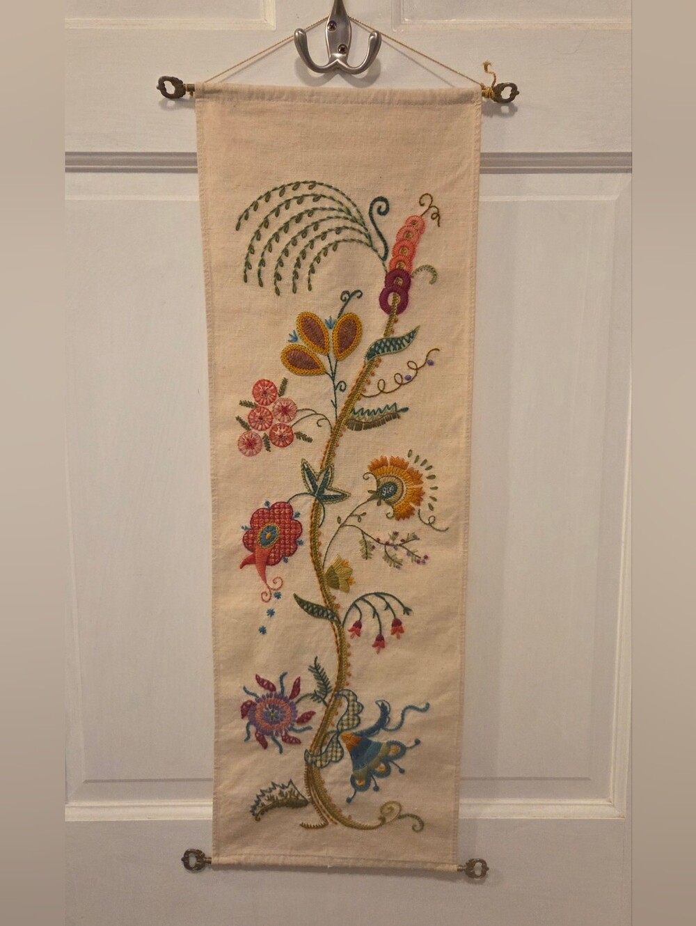 Vintage Hand-Embroidered Floral Wall Hanging in Cream with Multicolor Stitching